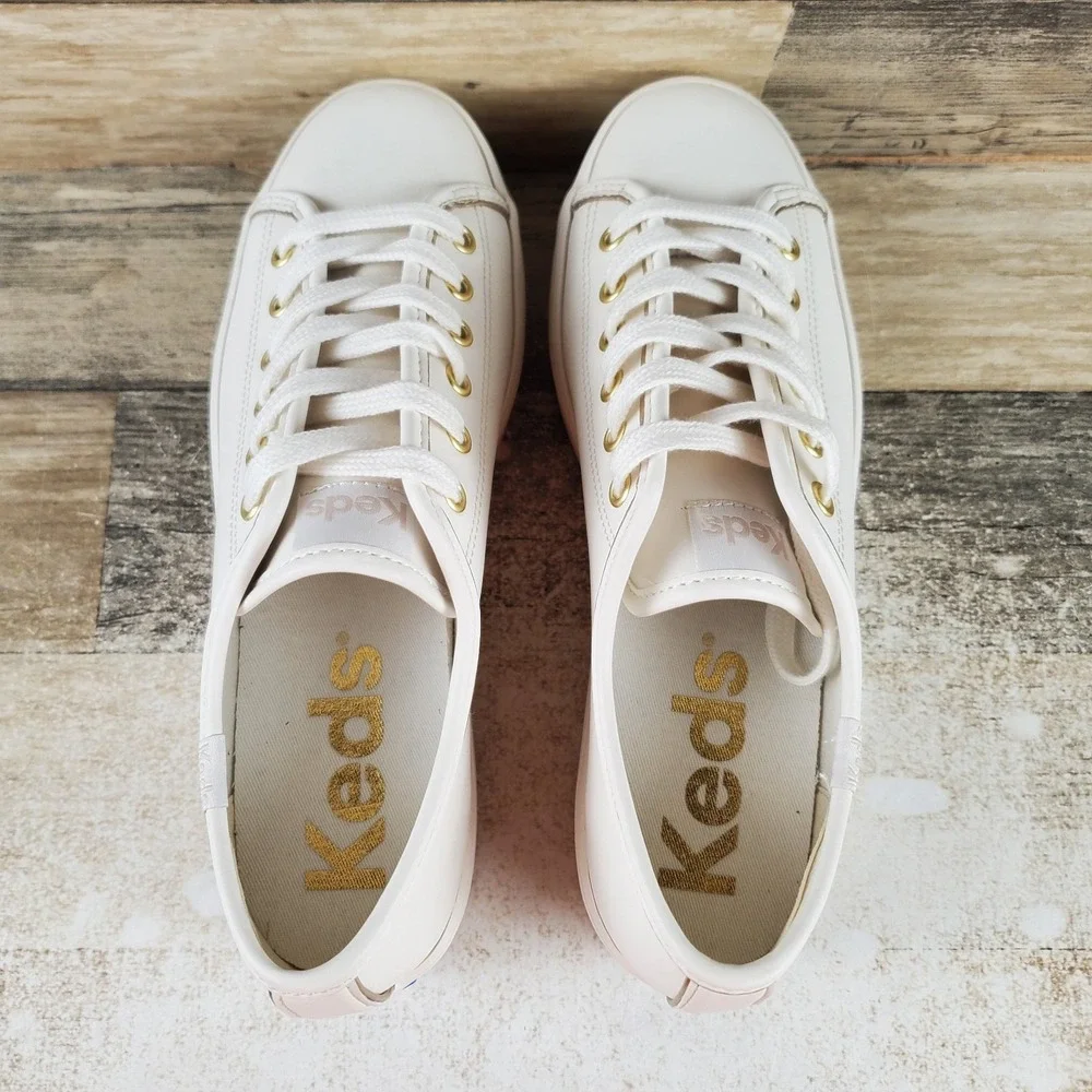 Keds Triple Up Womens Tennis Shoes Sz 8 M White Gold Leather Lace Up Platform